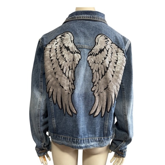 VOCAL Angel Wings Rhinestone Embellished Denim Jacket Size Medium - Boho Western - Picture 2 of 14